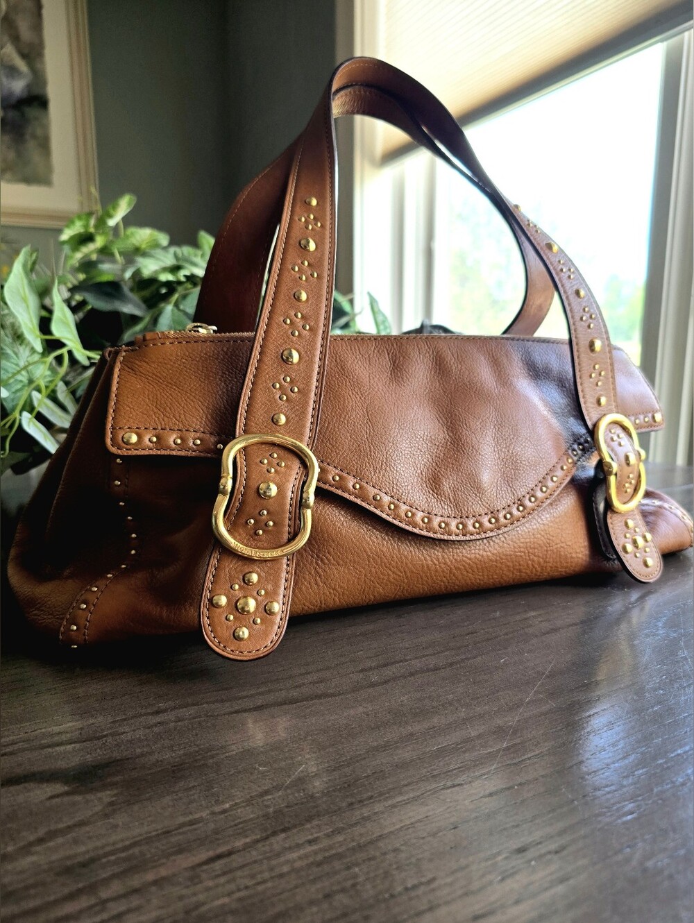 Michael Kors Y2K Vintage Tan Leather Studded Satchel Bag Rare - Picture 3 of 16